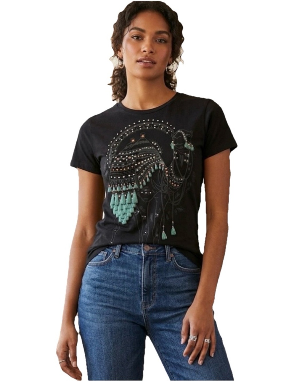 Key Closet Camel Women’s Swarovski Studded Black Cotton Short Sleeve Size Medium